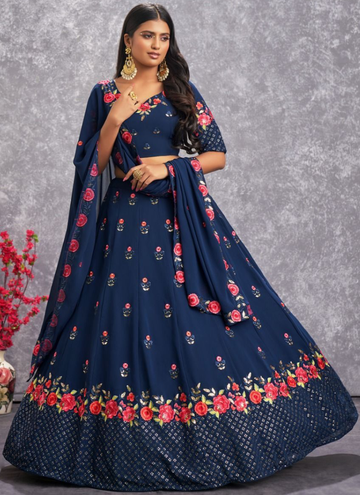 Marvelous Navy Blue Floral Embroidered Georgette Lehenga Choli